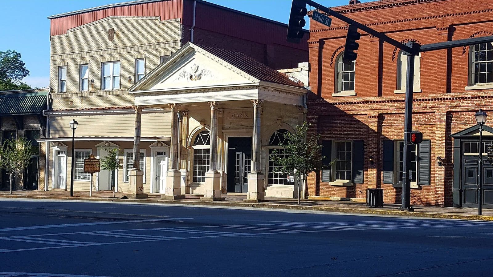 Historic brick storefronts along North Main Street in downtown Madison