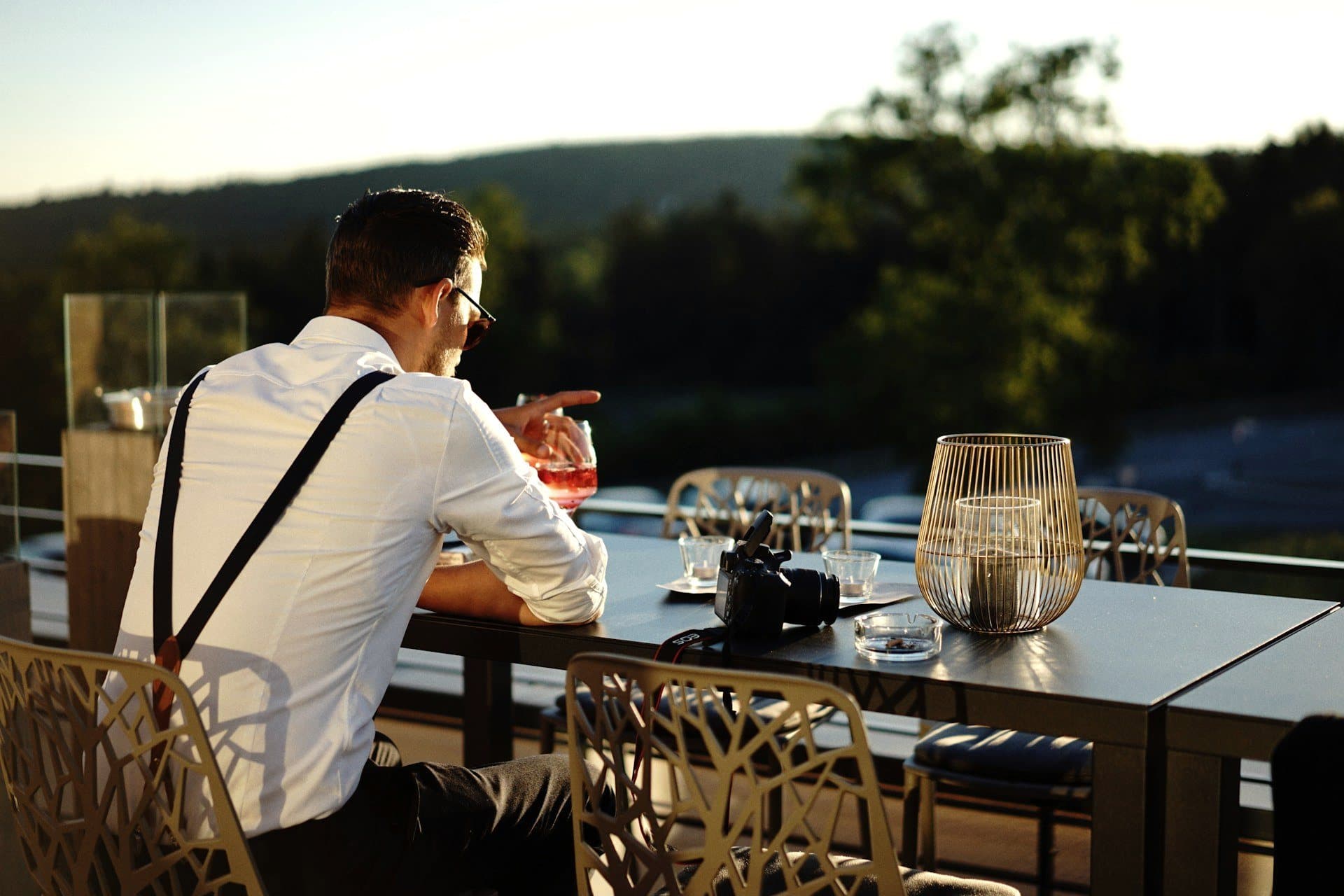 Dinner on a hillside terrace as the sun goes down